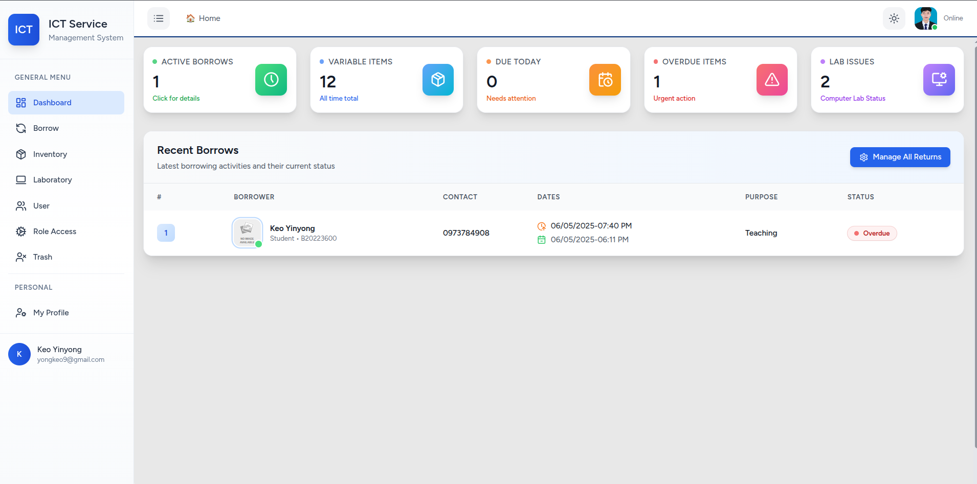 Online Management System for Materials and Technical Equipment in the Computer Lab